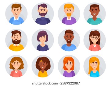 Cartoon vector illustration of diverse people avatar portraits. Set of user profile icon in round frames showing various expressions and hairstyles. User avatar for web site, application, game etc