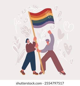 Cartoon vector illustration of Diversity young gay women waving pride rainbow flag. Supporting LGBTQ pride in the park. Independence community