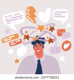 Cartoon vector illustration of Dizziness, Migraine, Headache, Distracted Head Linear Pictogram. Front View. Man Feel Dizzy Line Icon. Tired Man with Nausea, Editable Stroke.