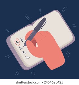 Cartoon vector illustration of To do list concept. Character writes down goals in notebook, time management and efficient workflow. Motivation and leadership, vision of future task settings over dark
