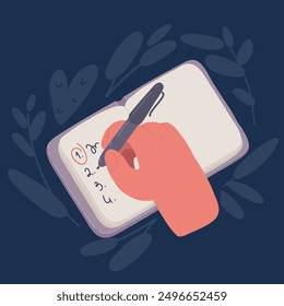 Ilustración vectorial de dibujos animados del concepto de lista de tareas pendientes. Character anota los objetivos en el cuaderno, la gestión del tiempo y el flujo de trabajo eficiente. Motivación y liderazgo, visión de futuro y Configuraciones de tareas 