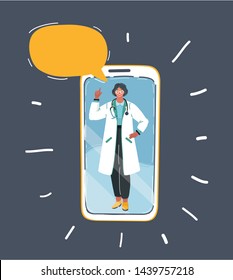 Cartoon vector illustration of doctor appointment. Online consultation. Modern healthcare technologies. Female character talking on smartphone screen. Speech bubble above.