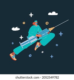 Cartoon vector illustration of Doctor hold syringe to making vaccination injection of patient. woman, medical professional. Healthcare, hospital and medical concept on dark backround.