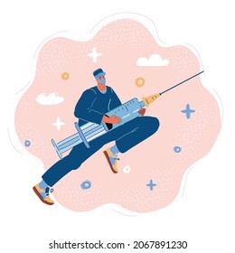 Cartoon vector illustration of Doctor Running With A Syringe. Character in the pose of a superhero, he flies to save humanity
