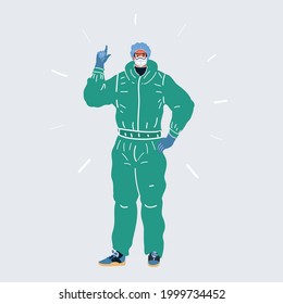 Cartoon vector illustration of Doctor wearing protection face mask against coronavirus. Banner panorama medical staff preventive gear on white backround. Warning concept.