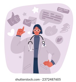 Cartoon vector illustration of doctor woman attention gesture