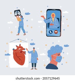 Cartoon vector illustration of doctors character collection. Medical team concept. Cardio, online consultation, doctor face in mask, xray lungs diagnostic.