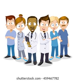 Cartoon vector illustration of doctors with nurses isolated on the white background