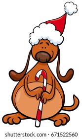 Cartoon Vector Illustration of Dog Animal Character with Christmas Cane