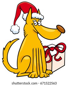 Cartoon Vector Illustration of Dog Animal Character with Christmas Present