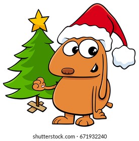 Cartoon Vector Illustration of Dog Animal Character with Christmas Tree