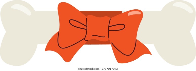 Ilustración vectorial de dibujos animados de un hueso de perro envuelto con una gran cinta roja, aislado sobre fondo transparente. Arte de Clip para la marca de mascotas, accesorios para perros y promociones veterinarias