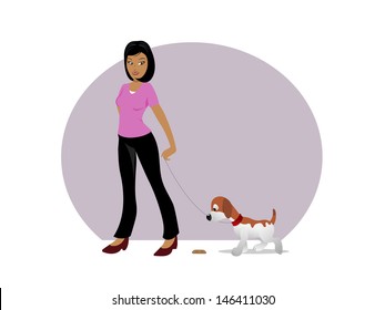cartoon vector illustration of a dog owner treat walking