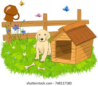 Cartoon vector illustration of dog sitting behind doghouse and clay jug on a wooden fence. Isolated, white background