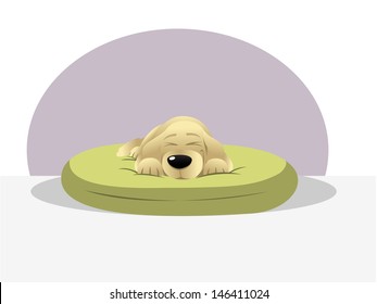 Cartoon Vector Illustration Of A Dog Sleeping On A Bed