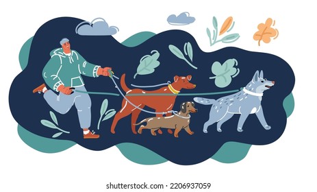 Cartoon Vector Illustration Of Dog Walker Walk With Lot Of Dog Over Dark Backround