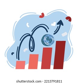 Cartoon vector illustration of dollar coin grown up on bar graph. Cent.