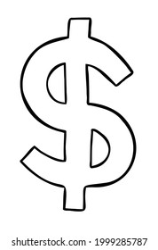 Cartoon vector illustration of dollar money symbol. Black outlined and white colored.