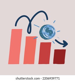 Dibujo vectorial de dibujos animados de dólares cae. El pánico, la crisis económica financiera, el ahorro, la inflación y el concepto de tipo de cambio.