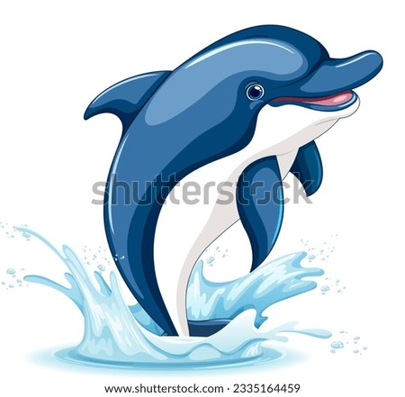A cartoon vector illustration of a dolphin jumping out of the water, isolated on a white background