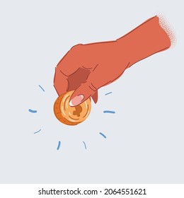 Cartoon vector illustration of Donations. Human hand hold coin on white backround.