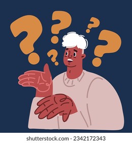 Cartoon vector illustration of I don't know. Young man sows loss, showing helpless gesture with arm and hands, mouth curved as if he does not know what to do. Question mark around over dark background