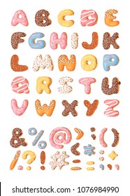 Cartoon vector illustration donut. Hand drawn font with sweet bun. Actual Creative art bake alphabet 