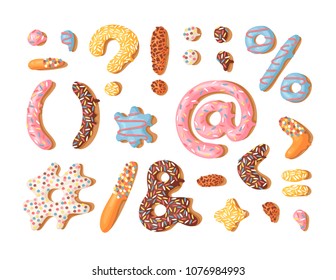 Cartoon vector illustration donut. Hand drawn font with sweet bun. Actual Creative art bake alphabet 