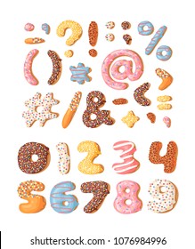 Cartoon vector illustration donut. Hand drawn set of numbers and signs with sweet bun. Actual Creative art work bake