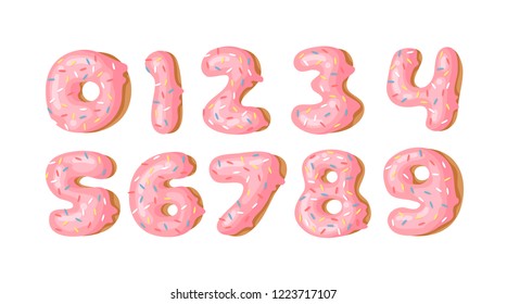Cartoon vector illustration donut. Hand drawn set of numbers with sweet bun. Actual Creative art work bake