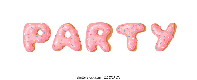 Cartoon vector illustration donut. Hand drawn word PARTY with sweet bun. Actual Creative art work bake