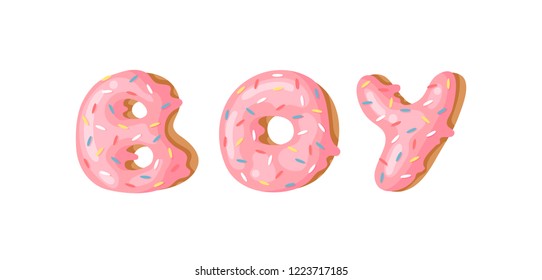 Cartoon vector illustration donut. Hand drawn word BOY with sweet bun. Actual Creative art work bake