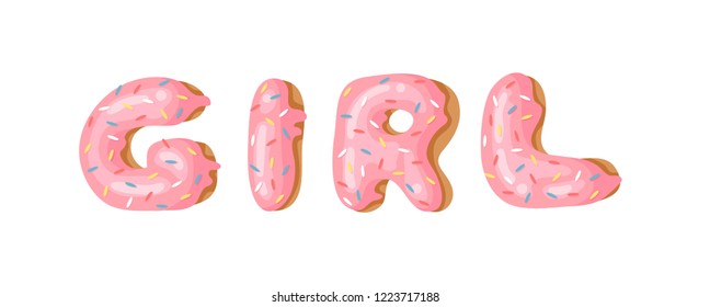 Cartoon vector illustration donut. Hand drawn word GIRL with sweet bun. Actual Creative art work bake