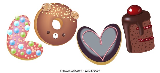 Cartoon vector illustration donut. Hand drawn word LOVE sweet bun. Actual Creative art work bake