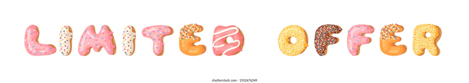 Cartoon vector illustration donut. Hand drawn drawing sweet bun. Actual Creative art work bake and word LIMITED OFFER