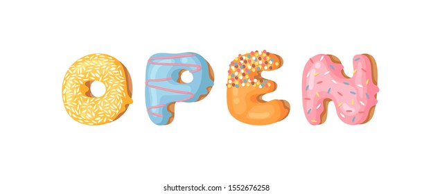 Cartoon vector illustration donut. Hand drawn drawing sweet bun. Actual Creative art work bake and word OPEN