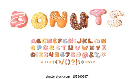 Cartoon vector illustration donut. Hand drawn font with sweet bun. Actual Creative art bake alphabet 