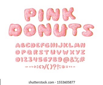 Cartoon vector illustration donut. Hand drawn font with sweet bun. Actual Creative art bake alphabet 