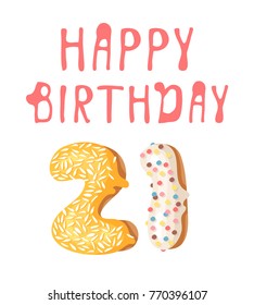 Cartoon vector illustration donut. Hand drawn card with  sweet bun and HAPPY BIRTHDAY text. Actual Creative art work bake