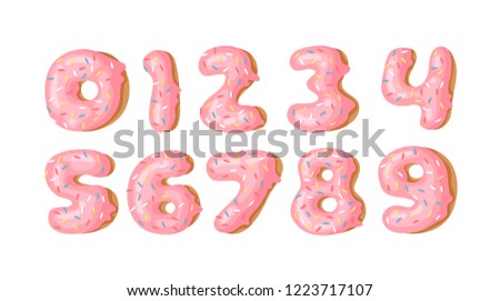 Cartoon vector illustration donut. Hand drawn set of numbers with sweet bun. Actual Creative art work bake