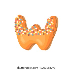 Cartoon vector illustration Donut Letters W. Hand drawn font with sweet bun. Actual Creative art bake alphabet 