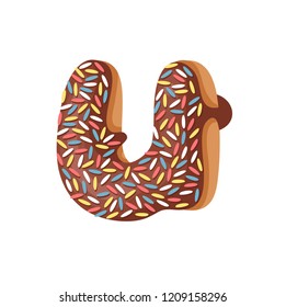 Cartoon vector illustration Donut Letters U. Hand drawn font with sweet bun. Actual Creative art bake alphabet 