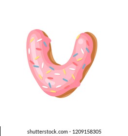 Cartoon vector illustration Donut Letters V. Hand drawn font with sweet bun. Actual Creative art bake alphabet 