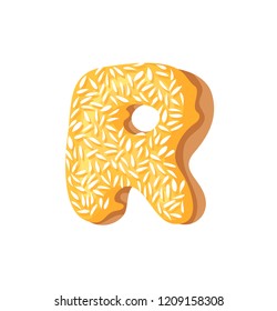 Cartoon vector illustration Donut Letters R. Hand drawn font with sweet bun. Actual Creative art bake alphabet 
