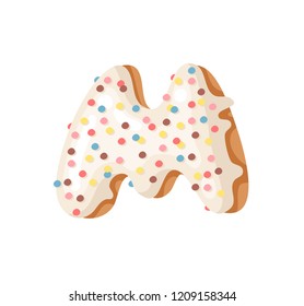 Cartoon vector illustration Donut Letters M. Hand drawn font with sweet bun. Actual Creative art bake alphabet 