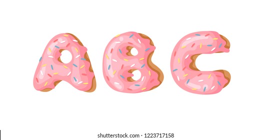 Cartoon vector illustration Donut Letters ABC. Hand drawn font with sweet bun. Actual Creative art bake alphabet 