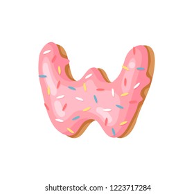 Cartoon vector illustration Donut Letters W. Hand drawn font with sweet bun. Actual Creative art bake alphabet 