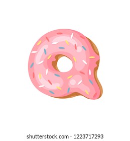 Cartoon vector illustration Donut Letters Q. Hand drawn font with sweet bun. Actual Creative art bake alphabet 