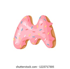 Cartoon vector illustration Donut Letters M. Hand drawn font with sweet bun. Actual Creative art bake alphabet 