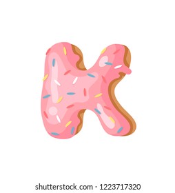 Cartoon vector illustration Donut Letters K. Hand drawn font with sweet bun. Actual Creative art bake alphabet 